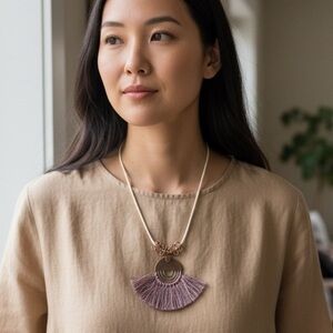 Necklace Tassel Handmade 20”L Plum/Copper/White